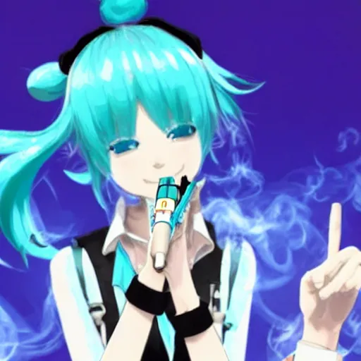 Image similar to hatsune miku smoking a vape pen in her right hand and holding up a peace sign in her left hand | smoke coming out of her mouth,