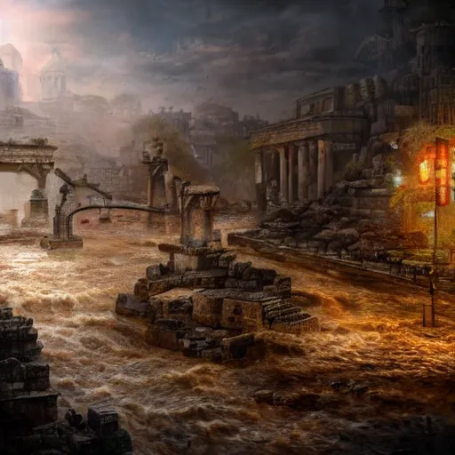 Image similar to Ancient city being destroyed by a flood, digital art , highly detailed , high contrast, beautiful lighting, award winning , trending on art station, photorealistic, 8k