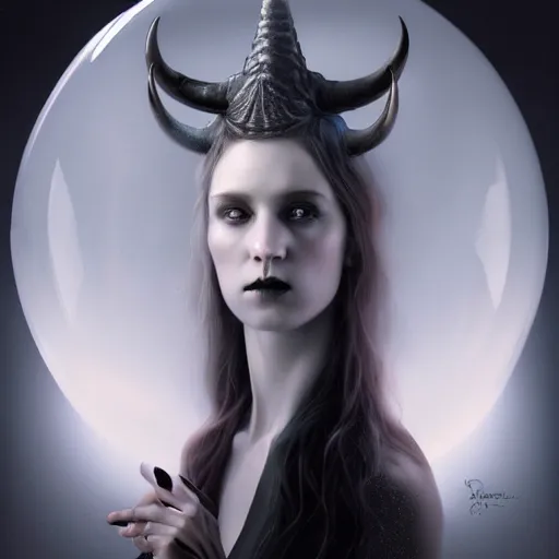 Prompt: By Tom Bagshaw, ultra realist soft painting render of a beautiful face horned single porcelain female in long curvy gothic dress looking inside an octane render of a floating transparent glass sphere with a lord of the dead skull portrait, reflection and refraction, symmetry accurate features, very intricate details, deep fog, dark fantasy background, artstation