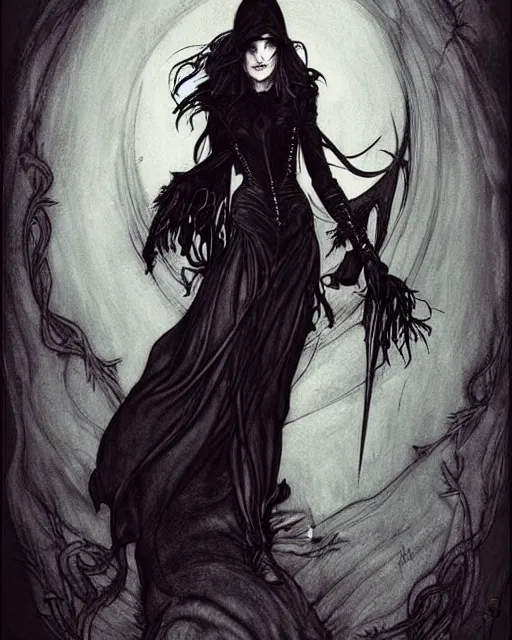 Image similar to style of arthur rackham, artgerm : : gorgeous willa holland : : evil witch, swirling black magic, black dress : : symmetrical face, symmetrical eyes : : full body pose : : gorgeous black hair : : magic lighting, low spacial lighting : :