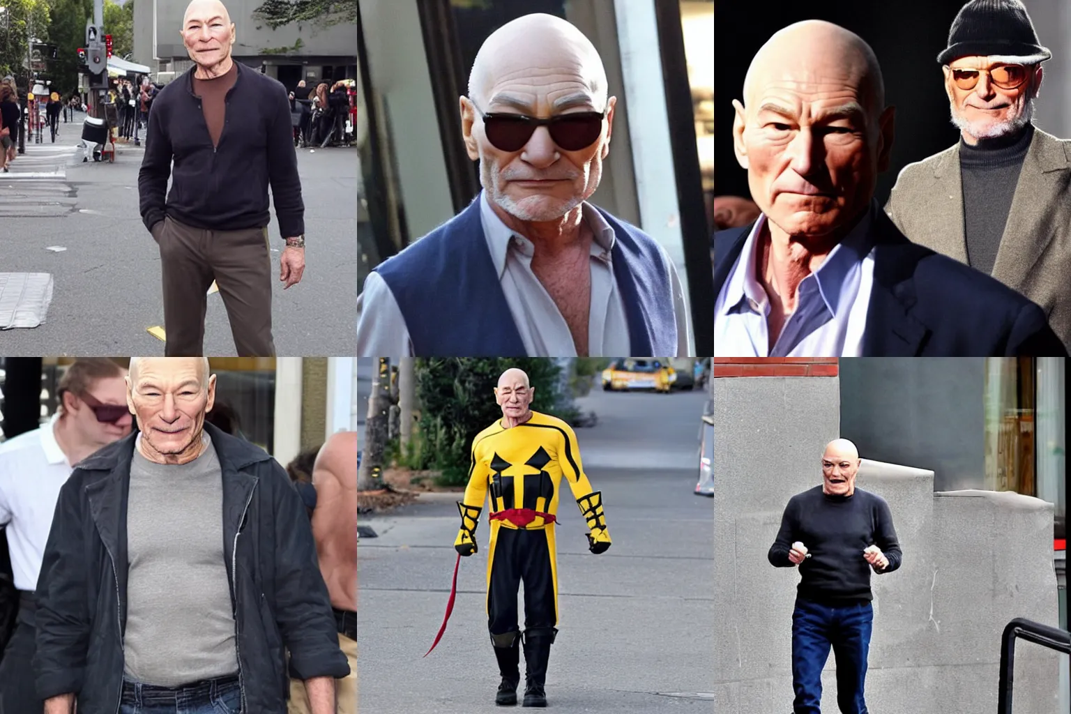 Prompt: a paparazzi photo of Patrick Stewart dressed in Wolverine cosplay