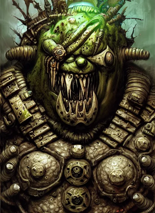 Image similar to portrait of a nurgle smiling, intricate, warhammer, warhammer 4 0 k, highly detailed, digital painting, concept art, sharp focus, illustration, muted colors, grim dark, moody, gloomy, art by john blanche, by pedro nunez, by jaime martinez, by nacho molina