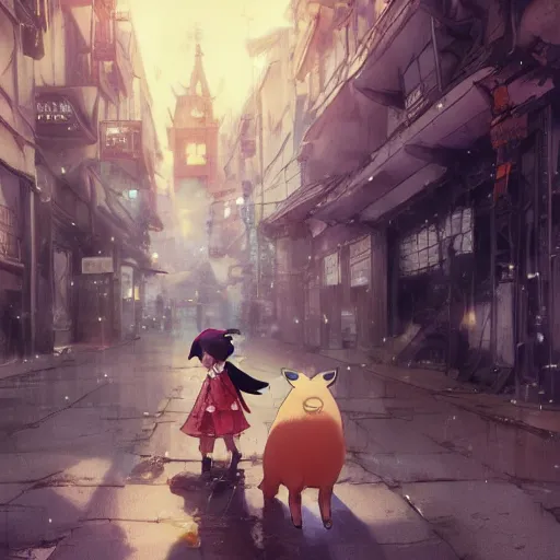 Prompt: anime key visual of a little witch with her capybara mascot walking through busy cities, cinematic lighting, dramatic atmosphere, by dustin nguyen, akihiko yoshida, greg tocchini, greg rutkowski, cliff chiang, 4 k resolution, craig mullins