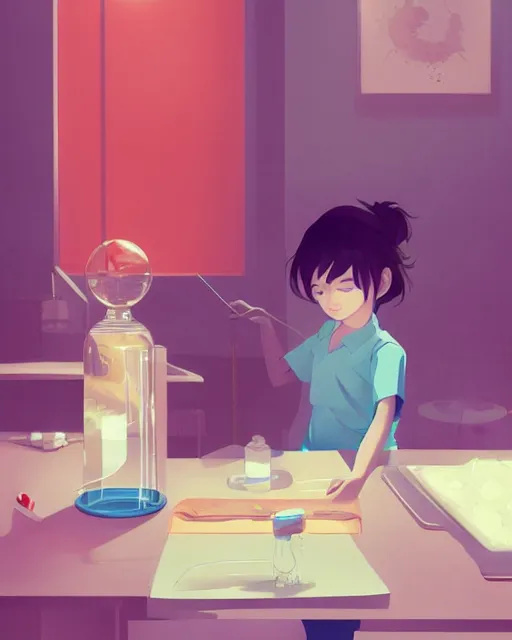 Image similar to a little girl is doing a science experiment. clean cel shaded vector art. minimalist illustration art by lois van baarle, artgerm, helen huang, by makoto shinkai and ilya kuvshinov, rossdraws