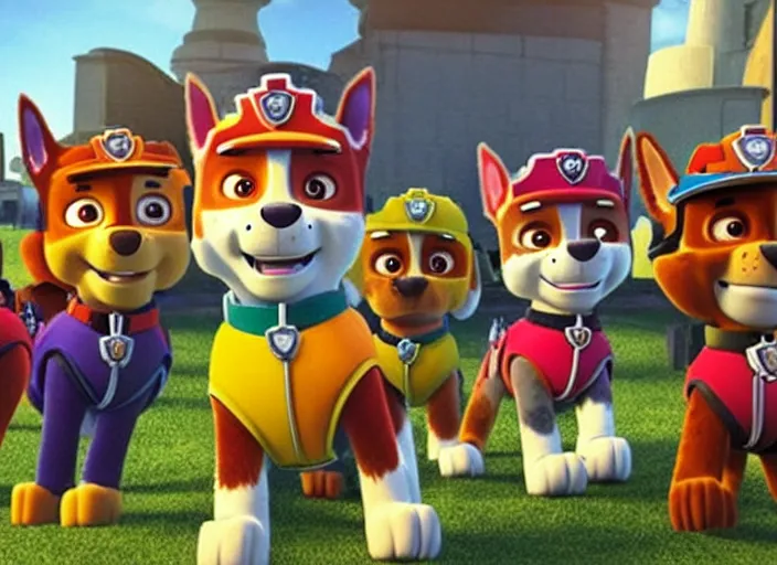 Image similar to a still from the gritty live-action adaptation of Paw Patrol