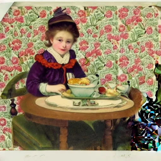 Image similar to a girl has breakfast with her cat at the table filled with food, flowery wallpaper, 1 8 8 0 s style, professional photography, color