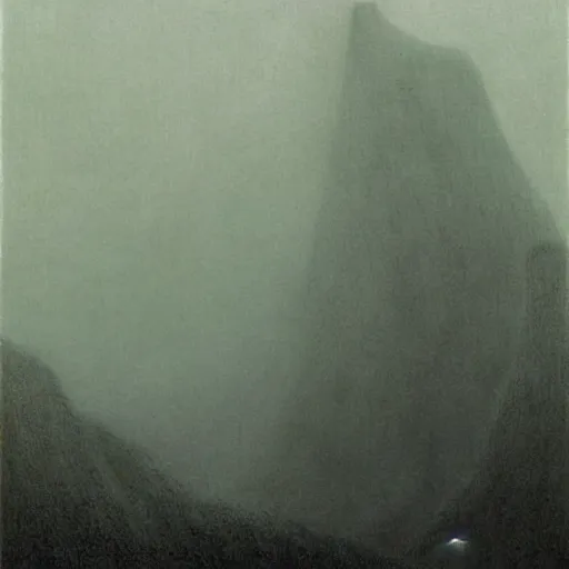 Prompt: thick fog, levitating pieces of granite, zdzislaw beksinski