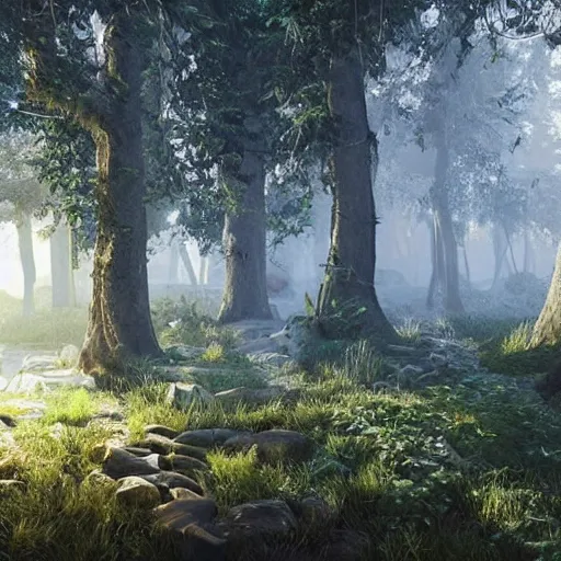 Prompt: beautiful illustration of a forest, highly detailed, crystal lighting, hyperrealistic, unreal engine, magical