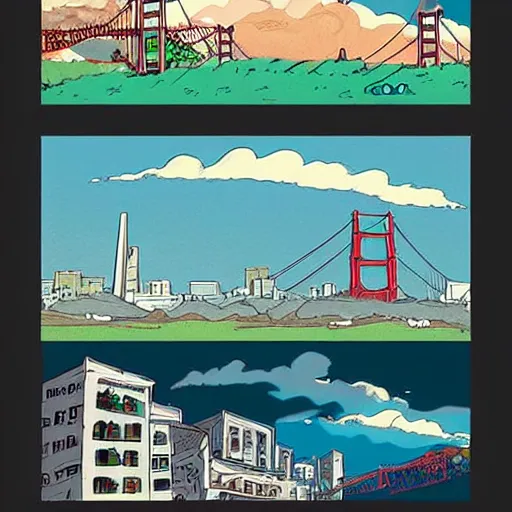 Prompt: San Francisco drawn in the style of Studio Ghibli, digital illustration, trending on artstation.