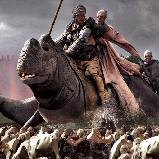 Image similar to pope francis rides a hippo against the army of mordor, ultra realistic