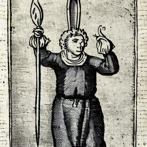 Image similar to a 1 8 th century illustration of a medieval peasant holding a large blue trident above his head.