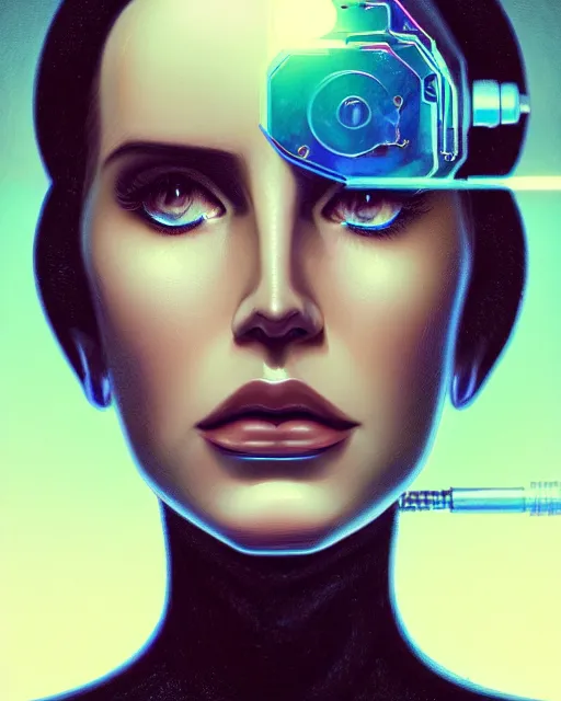 Image similar to portrait of lana del rey as a cyborg. intricate abstract. intricate artwork, by tooth wu, wlop, beeple, dan mumford. concept art, octane render, trending on artstation, greg rutkowski very coherent symmetrical artwork. cinematic, key art, hyper realism, high detail, octane render, 8 k, iridescent accents