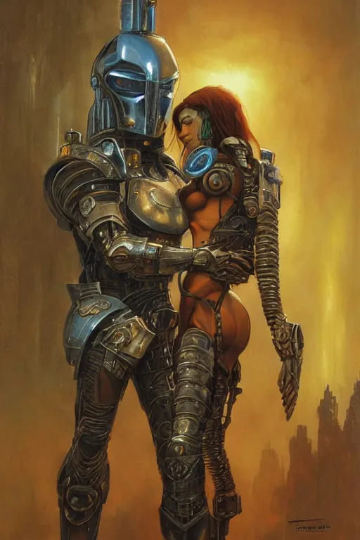 Image similar to a painting of a man in armor holding a woman, cyberpunk art by greg staples and by thomas blackshear and by michael whelan, cgsociety, fantasy art, dystopian art, androgynous, poster art