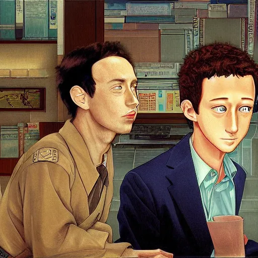 Image similar to anime joseph goebbels and mark zuckerberg by hasui kawase by richard schmid