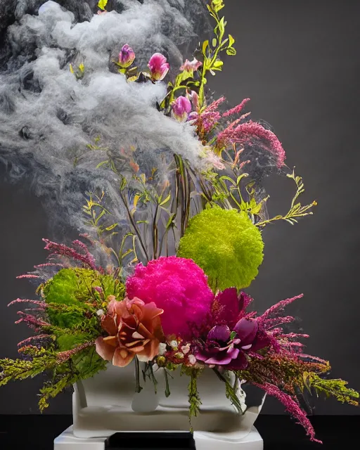 Prompt: lush and detailed, highly beautiful aesthetic award-winning ikebana flower arrangement, blossoms spontaneously shattering and breaking with powder, spray and colored smoke, sigma 35mm f/4