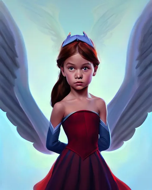 Prompt: 3 / 4 longshot of portrait of powerful cute disney girl with wings, digital painting, artstation, concept art, smooth, sharp focus, illustration, disney, symmetry face, fine details. art by alex ross, brittney lee