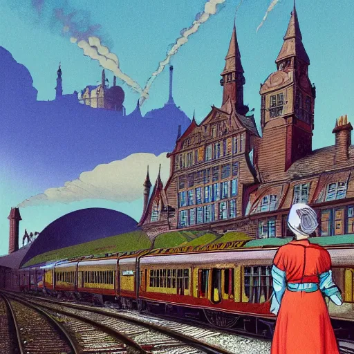 Prompt: a mother is waving her children off as a steam departs from an 18th centaury train station in England. Bright colours, illustrated in the style of François Schuiten, highly detailed, matte painting, illustration, concept art, cinematography