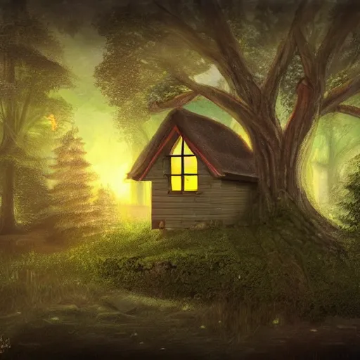 Prompt: cottage surrounded by trees, it is night, the windows are lit, concept art, low fantasy