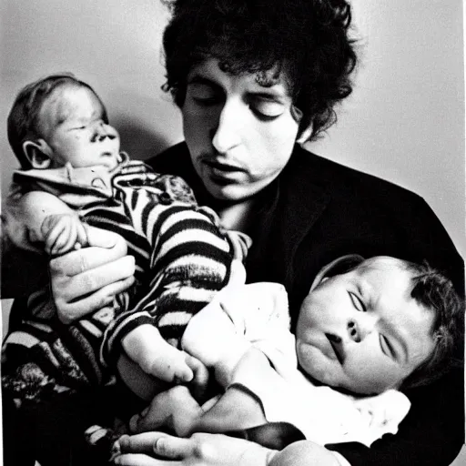 Image similar to bob dylan cradling fat little man like a baby, photograph, 1 9 6 5