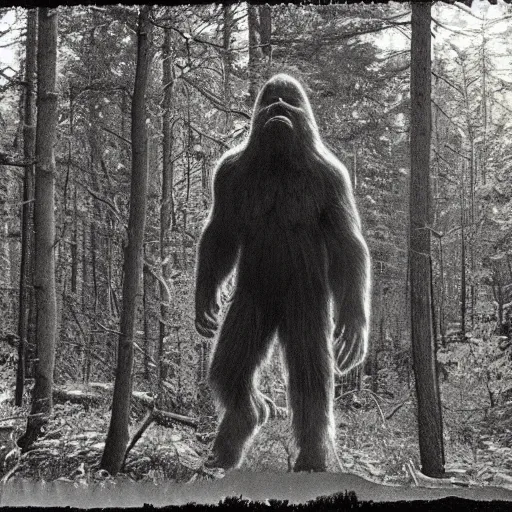 Image similar to a trailcam photo of a real life bigfoot, grainy, vintage, crt