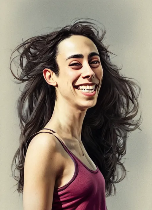 Image similar to full length photo of an smiling Oona Chaplin in a tanktop in the style of stefan kostic, not realistic, sharp focus, 8k high definition, insanely detailed, intricate, elegant, art by stanley lau and artgerm