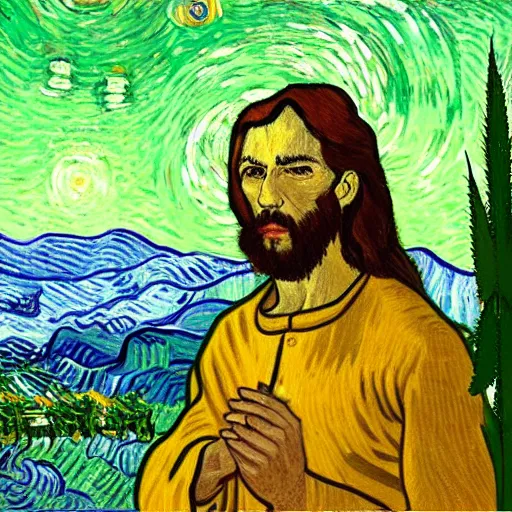 Image similar to jesus with jimm kerry spreads his hands against the background of growing cannabis. an oil painting in the style of van gogh