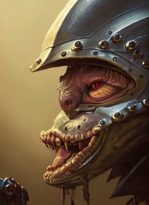 Prompt: highly detailed closeup portrait of a medieval goblin dressed as a knight, stephen bliss, unreal engine, greg rutkowski, ilya kuvshinov, ross draws, hyung tae and frank frazetta, tom bagshaw, tom whalen, nicoletta ceccoli, mark ryden, earl norem, global illumination, god rays, detailed and intricate environment