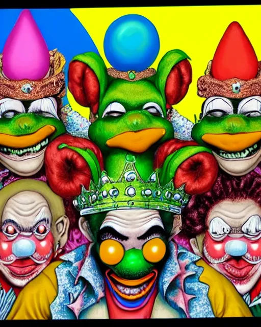 Image similar to Clown Frog King has his crown stolen by a gang of clowns, clown frog king wearing clown makeup and rainbow wig, clown king pepe, clown crown artwork by Glenn Fabry and Kentaro Miura