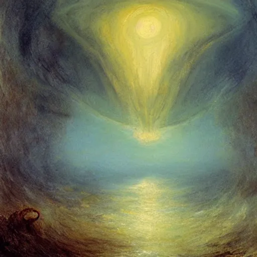 Image similar to a gigantic lovecraftian cyclope emerging from under the ocean, gazing to the sky, as in a turner's painting