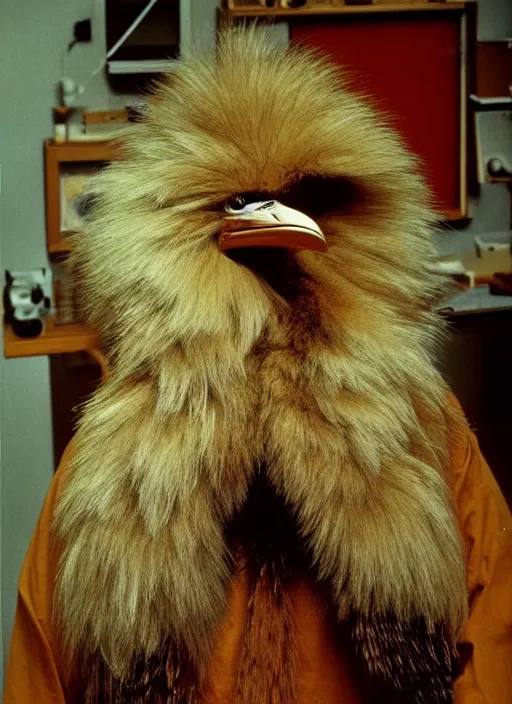 Prompt: realistic photo of a a hairy furry fluffy birdman, very long beak, in a living room sci - fi laboratory with many wooden gadgets made of wood interior is made of wood 1 9 9 0, life magazine reportage photo, natural colors