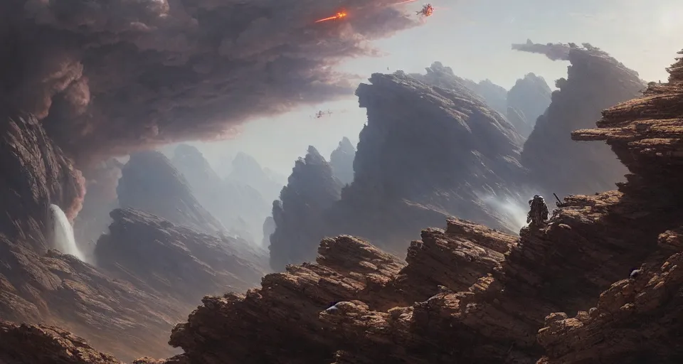 Image similar to hyper realistic sci - fi matte concept art painting of mecha on a cliff overlooking a raging battle, beautiful details, strong composition painted by kim jung guweta studio rutkowski, james gurney and greg rutkowski, and lucasfilm, smooth, intricate, detailed, sharp focus, cinematic