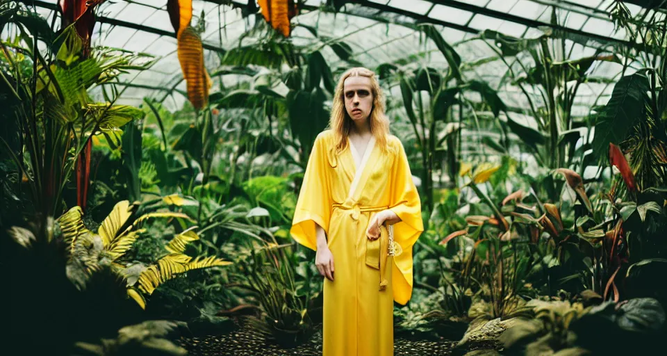 Prompt: Medium format portrait photography of a single elegant woman that look like Brit Marling wearing a yellow kimono in a tropical greenhouse, bokeh