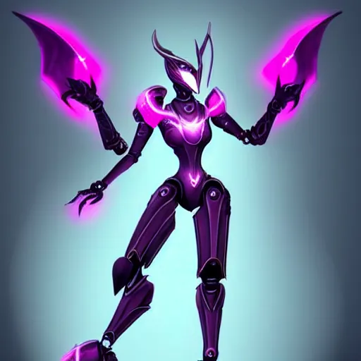 Image similar to highly detailed realistic exquisite fanart, of a beautiful female warframe, but as an anthropomorphic elegant robot female dragon, glowing eyes, shiny and smooth off-white plated armor, bright Fuchsia skin beneath the armor, sharp claws, well designed robot dragon four fingered hands, and sharp elegant robot dragon three clawed feet, royal elegant pose, full body and head shot, epic cinematic shot, professional digital art, high end digital art, DeviantArt, artstation, Furaffinity, 8k HD render, epic lighting, depth of field