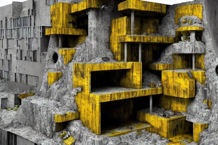 Prompt: favela bunker spaceship beeswax hive, brutalist waterfall environment, industrial factory, whimsical, award winning art, epic dreamlike fantasy landscape, ultra realistic,