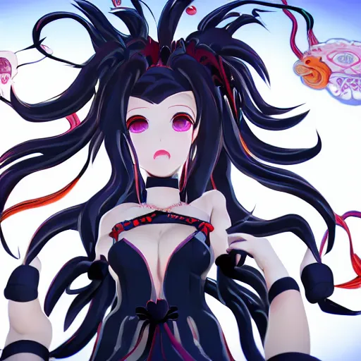 Image similar to stunningly beautiful omnipotent megalomaniacal anime goddess who looks like junko enoshima, symmetrical perfect face smiling in a twisted, mischievous, devious and haughty way while looking down upon the viewer and taking control, mid view from below her feet, hyperdetailed, unreal engine 5, 8 k