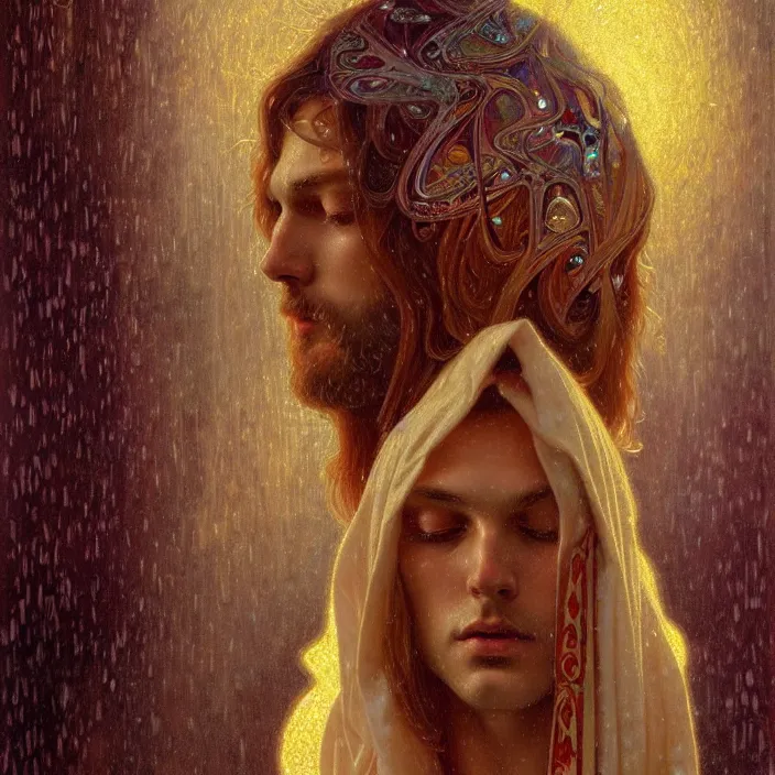 Image similar to psychedelic snowfall Jesus Christ, diffuse lighting, fantasy, intricate, elegant, highly detailed, lifelike, photorealistic, digital painting, artstation, illustration, concept art, smooth, sharp focus, art by John Collier and Albert Aublet and Krenz Cushart and Artem Demura and Alphonse Mucha