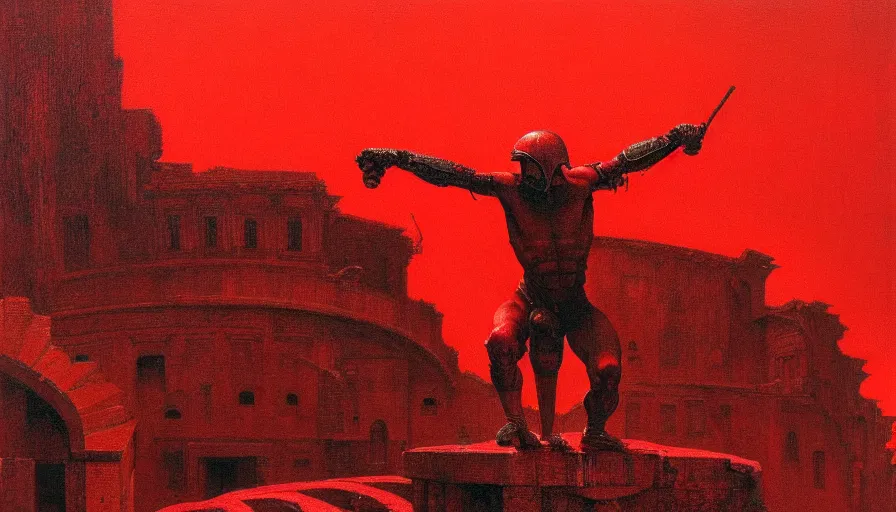 Image similar to only with red, a red gladiator in a crowded roman amphitheatre, crowd cheers him, in the style of beksinski and edward hopper and rodcenko and yue minjun, intricate and epic composition, red by caravaggio, highly detailed, masterpiece, red light, artstation