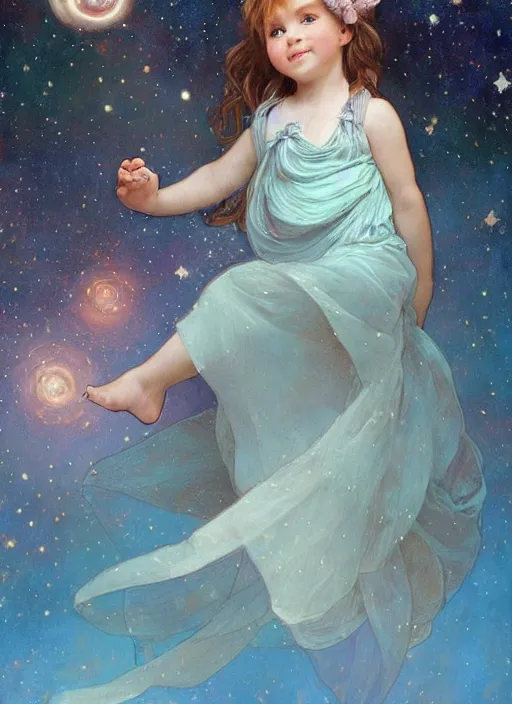 Image similar to a cute little girl with a round cherubic face, blue eyes, and short wavy light brown hair smiles as she floats in space with stars all around her. She is wearing a turquoise dress. Beautiful painting by Artgerm and Greg Rutkowski and Alphonse Mucha