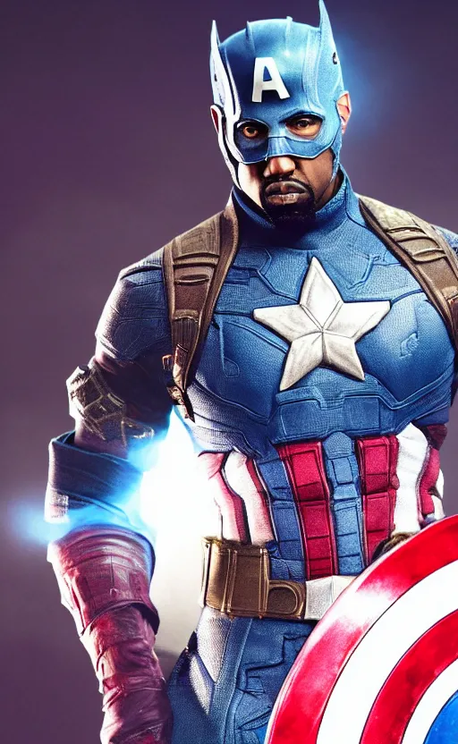 Image similar to Portrait of Kanye West as Captain America in Skyrim, splash art, movie still, cinematic lighting, dramatic, octane render, long lens, shallow depth of field, bokeh, anamorphic lens flare, 8k, hyper detailed, 35mm film grain