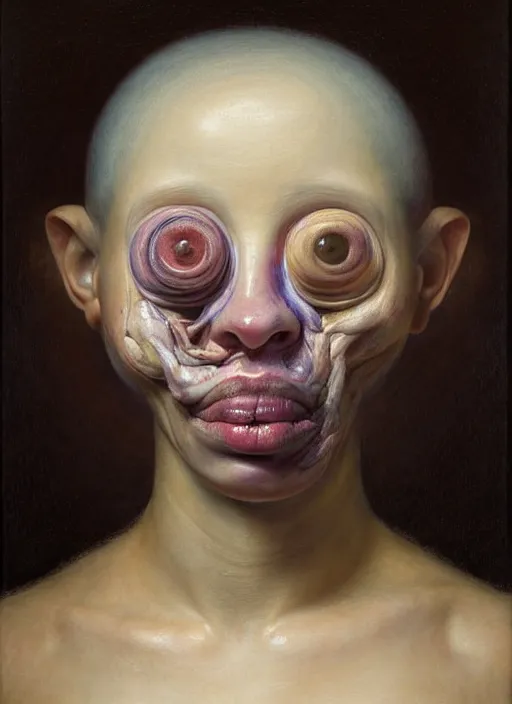 Image similar to strange, looming head, biomorphic painting of a woman with large eyes, pastel colours by, rachel ruysch, jenny saville and charlie immer, highly detailed, emotionally evoking, head in focus, volumetric lighting, oil painting, timeless disturbing masterpiece