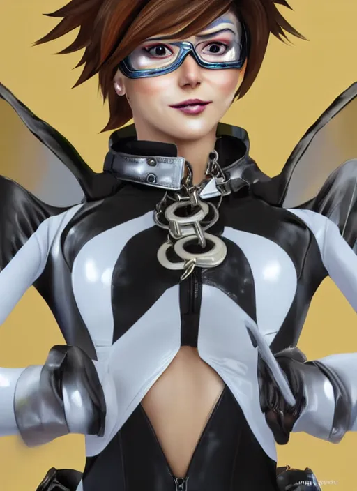 Image similar to portrait bust digital artwork of tracer overwatch, wearing white iridescent rainbow latex and leather straps catsuit outfit, 4 k, expressive happy smug expression, makeup, in style of mark arian, angel wings, wearing detailed black leather collar collar collar collar, chains, black leather harness, detailed face and eyes,