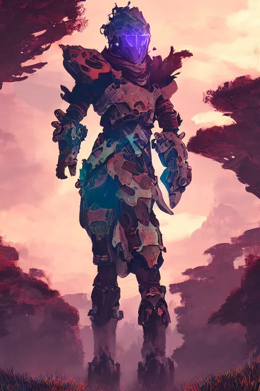 Image similar to combination suit armor aloy horizon forbidden west horizon zero dawn radiating a glowing aura global illumination ray tracing hdr fanart arstation by ian pesty and alena aenami artworks in 4 k tribal robot ninja mask helmet backpack