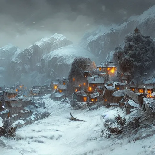Prompt: an village in blizzardy mountains, Matte painting , detailed painting, greg rutkowski