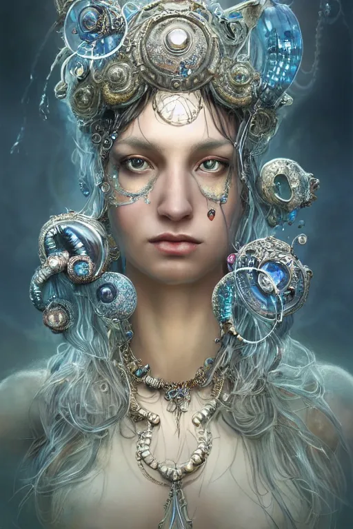 Image similar to a fisheye lens render of an alluring post apocalyptic goddess with wearing ornate silver and gemstones and crystal clothing surrounded by flowing liquid gallium jellyfish and sacred geometry, perfect body and face, gorgeous, cinematic, beautifully lit, by craig mullins, by tomasz alen kopera and peter mohrbacher, 3 d, trending on artstation, octane render, 8 k