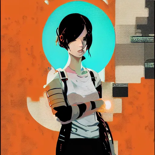 Image similar to Highly detailed portrait of a post-cyberpunk young lady with, freckles and cool hair by Atey Ghailan, by Loish, by Bryan Lee O'Malley, by Cliff Chiang, inspired by image comics, inspired by graphic novel cover art, inspired by nier, inspired by scott pilgrim !! Gradient orange, black and white color scheme ((grafitti tag brick wall background)), trending on artstation