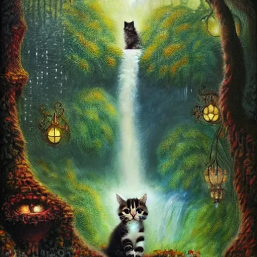 Image similar to painting of one kitten in the enchanted forest standing on the steps and watching the waterfall, fantasy, intricate, extremely detailed, face enhance, matte, featured in artstation, art by louis wain, greg rutkowski