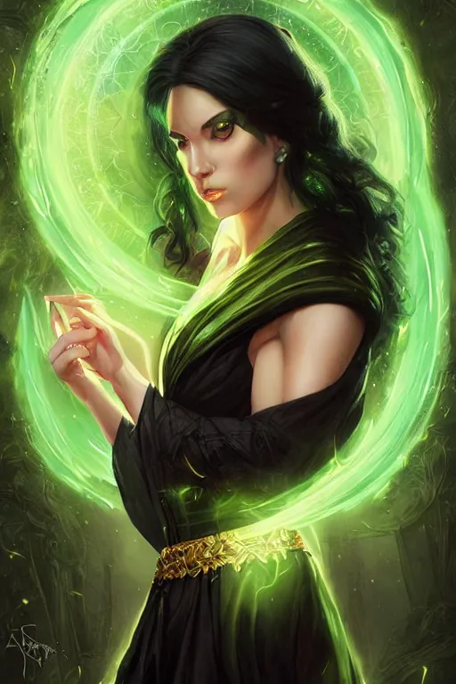 Prompt: a portrait of a beautiful sorceress wearing a black robe with gold embroidery, casting a spell, green glows, painted by artgerm and tom bagshaw, in the style of magic the gathering, highly detailed digital art