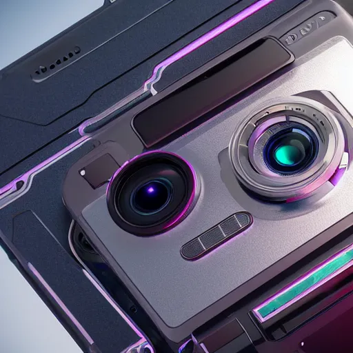 Prompt: cyberpunk smartphone with camera lens attached to it, ultra detailed, octane render, product photo