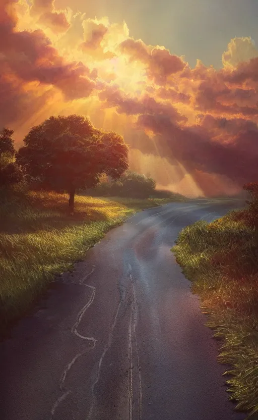 Image similar to textless hardback book cover. pure colors, melting clouds, accurately drawn details, a sunburst above a receding road with the light reflected in furrows and ruts, after rain. photorealistic. octane render. cinematic. trending on artstation. textless.