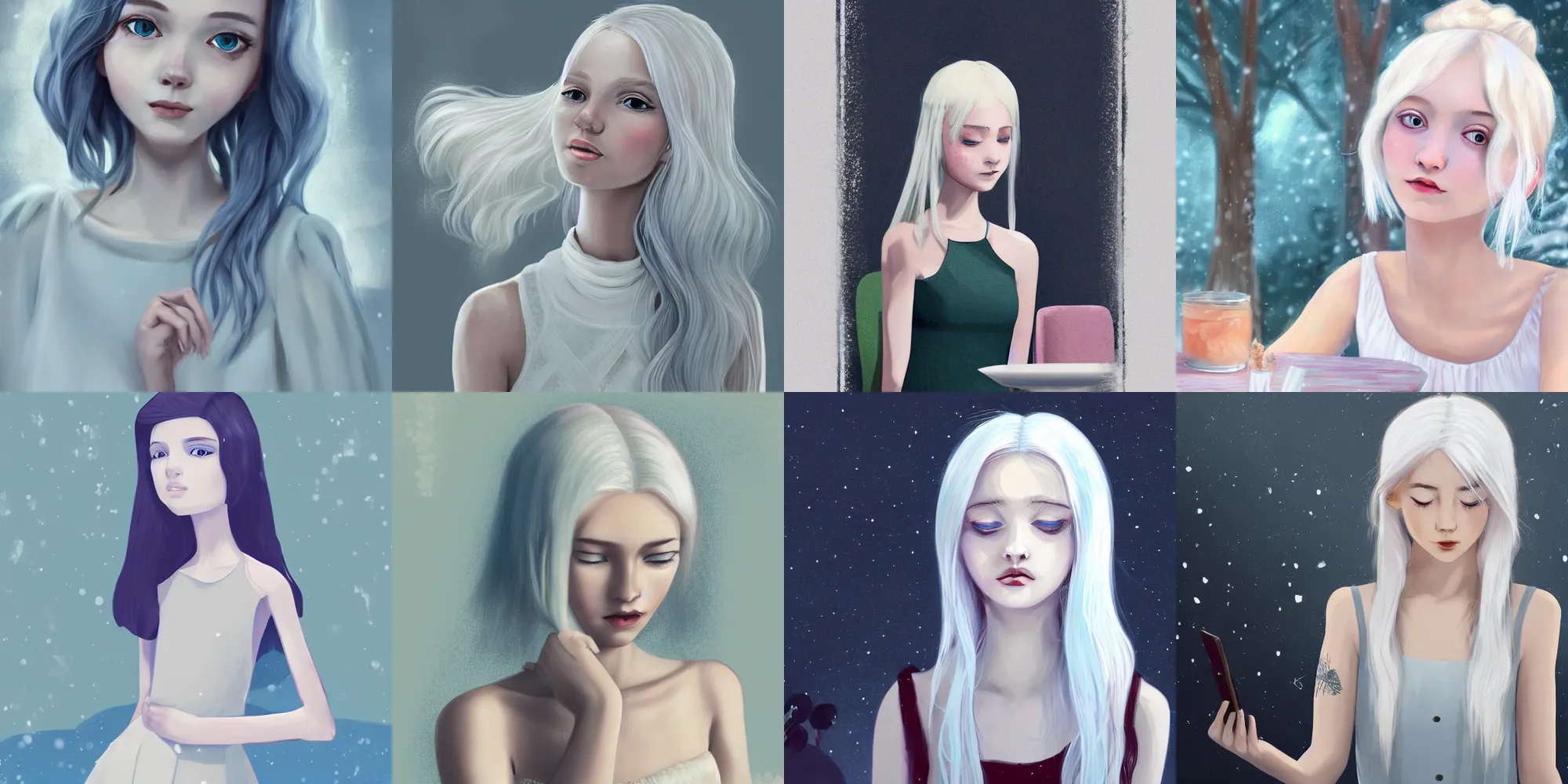 Prompt: the girl's hair was white like snow, but her face was warm and gentle. she wore a dress a top her petite body. she has her hand on the table as she gazed at me with a soft smile on her face, digital art, illustration, trending on artstation, inspired by ilya kushinov and alexandra fomina